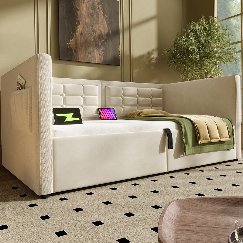 Upholstered Twin Size Daybed, Hydraulic Storage Twin Bed Frame with USB & Type-C Charging, Bed Frame with Wooden Slats and Tufted Sofa Back (Without Mattress)