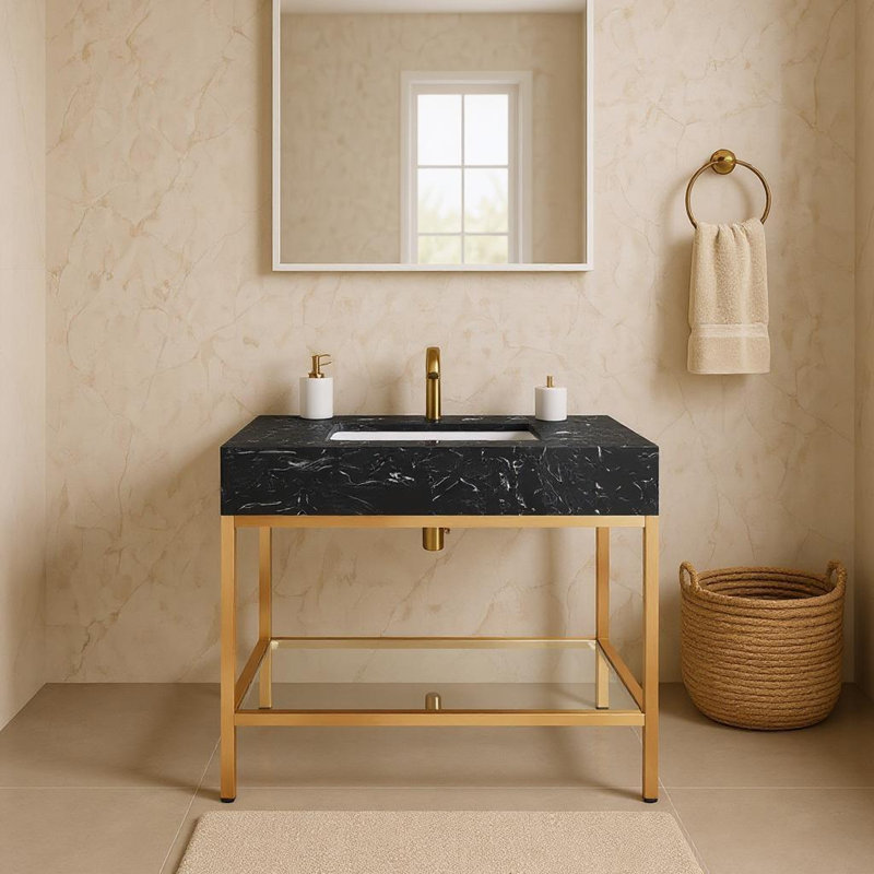 Marmo 30" Single Bathroom Vanity, Brushed Brass, Black