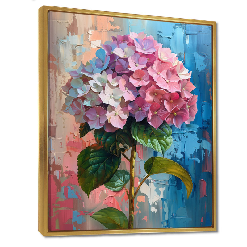 Hortensia rose et bleu qui fleurit en été III - Hortensia Wall Art Living Room, Cadre flottant doré, H 12 po x l 20 po