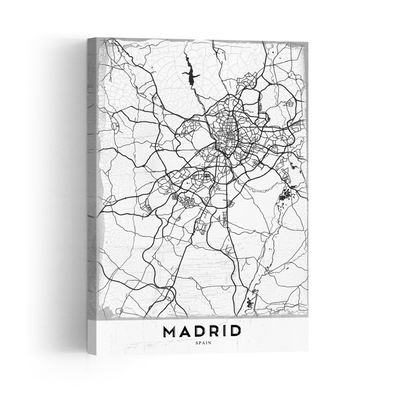 Madrid Spain Road Map Retro Vintage Abstract City Wall Art Print 1 Piece Wrapped Canvas Wall Art, 60.96cm H x 40.64cm W
