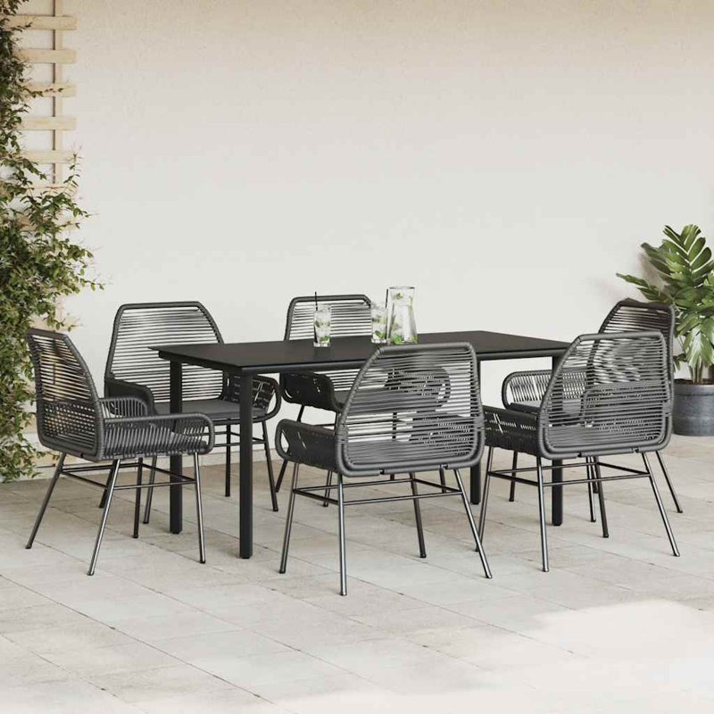 Ensemble repas de patio avec coussins en verre et poly rotin, 6, H 29,1 po x l 31,5 po x L 63 po, Noir / Noir