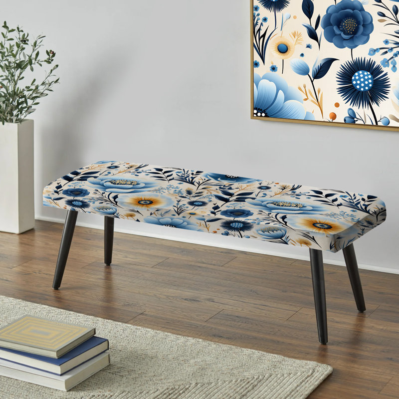 Blue Bohemian Bliss Floral Pattern - Floral Upholstered Black Bench
