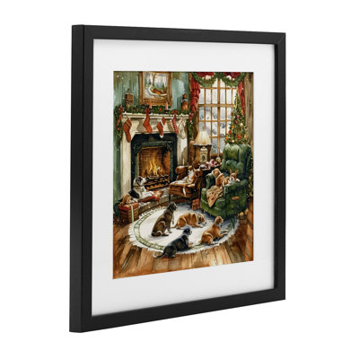 «Dogs Around Christmas Fireplace», reproduction encadrée sous verre, design par LSR Design Studio