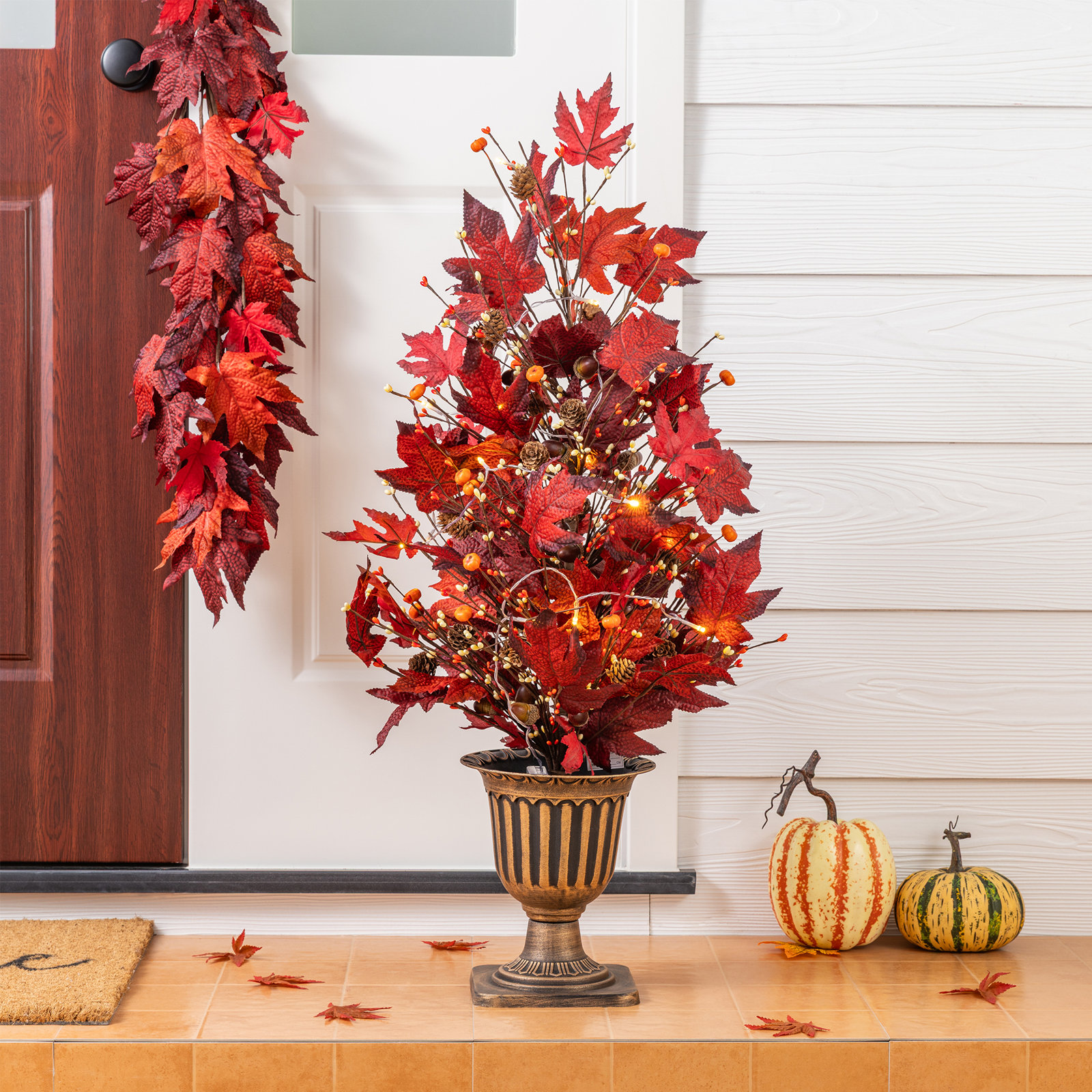 36"H Fall Lighted Burgundy Leaves Urn Potted Porch Tree with Timer, 20 Warm White Lights