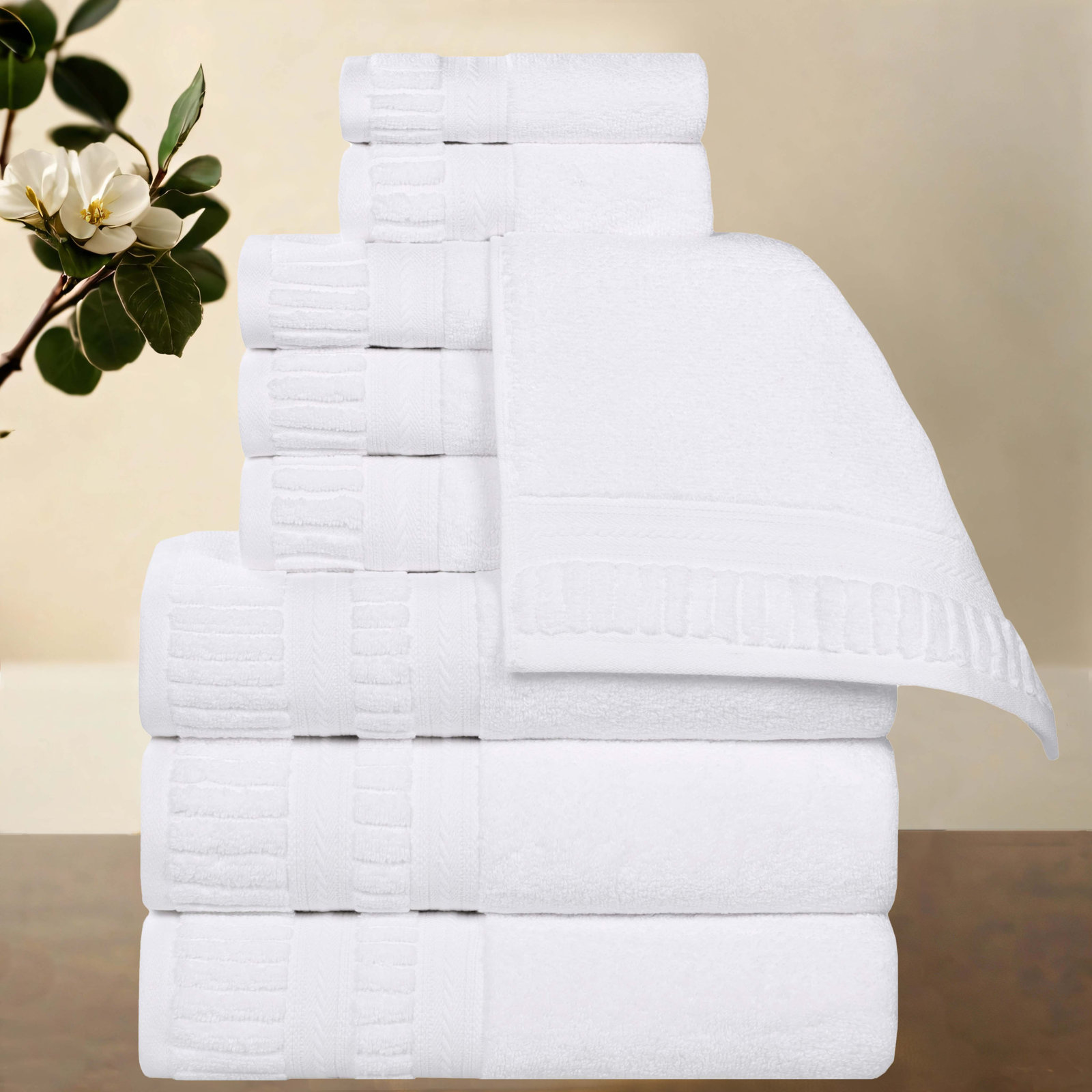Zero-Twist Cotton Towel Set, White, 9 Piece Towel Set