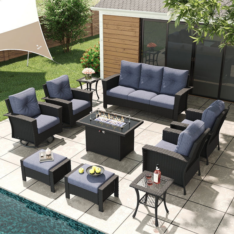 10 Piece Wicker Patio Furniture Set With Fire Pit Table, Classis Outdoor Conversation 360 Degree Swivel Chairs Set With Coffee Table