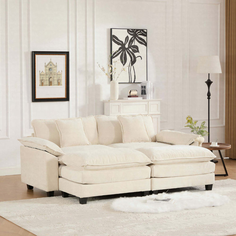 Causeuse à accoudoirs larges en chenille respirante, modulaire moderne avec coussin double couche, Beige