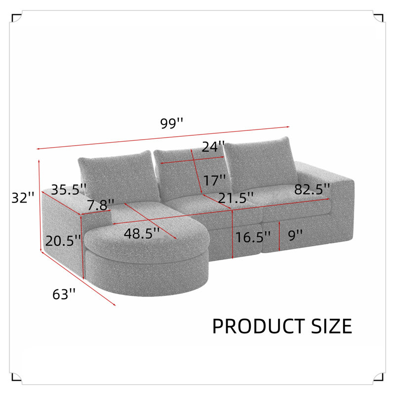 Canapé combiné en L 99 po chenille avec fauteuil 99 po, Gris chenille