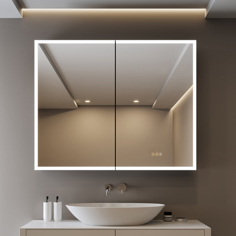 Flora Rectangular Black Aluminum Frame Wall Mount or Recessed Medicine Cabinet with Mirror and Dimmable Lights,3 Color Temperatures,Anti-Fog,Sliding Adjustable Glass Shelves