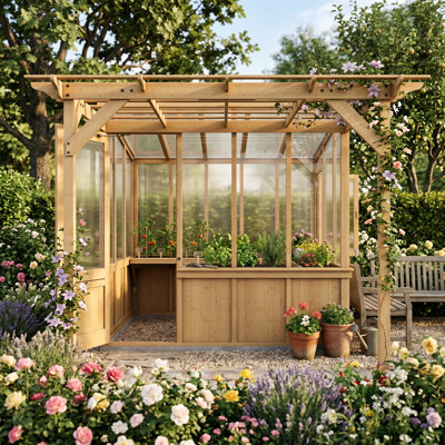 Outdoor Cedar Wood Greenhouse With Pergola, Polycarbonate Panels, Ventilation Window And Built-In Shelves