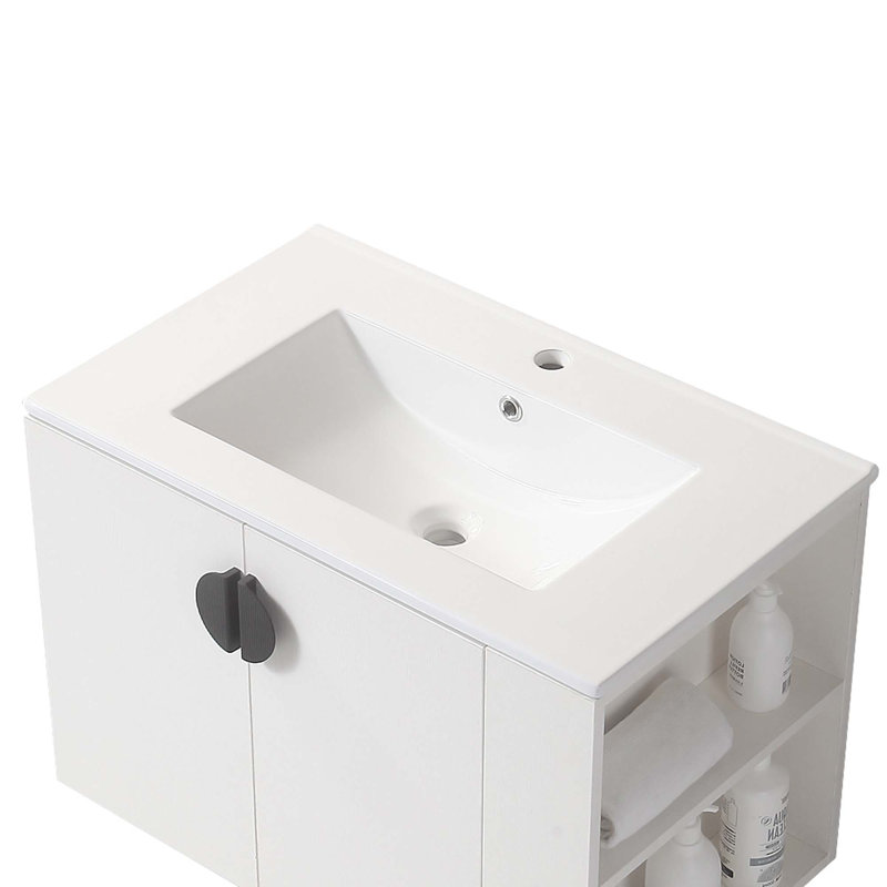 Meuble-lavabo de salle de bain avec lavabo, 2 portes et tablette de rangement ouverte, Blanc