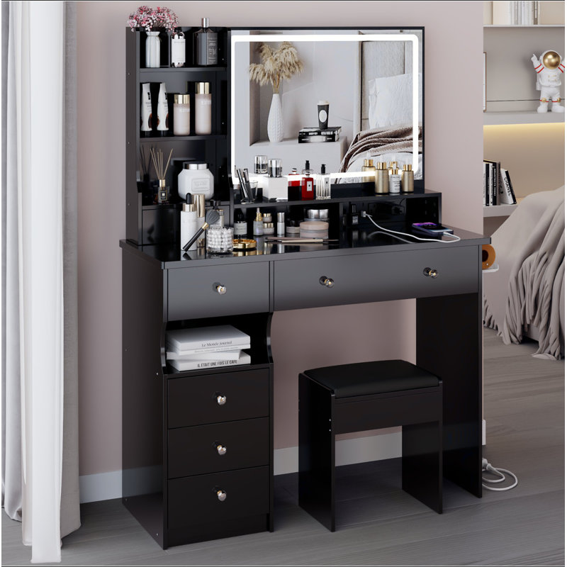 Ensemble de meuble-lavabo de 41 po avec tiroir à gauche de grande taille + ensemble de commode avec tabouret rembourré, 2 blocs d'alimentation AC + 2 USB, support pour séchoir à cheveux, miroir à DEL très grand à commande tactile, interrupteur 3 couleurs, certificat EPA, GCC, UL