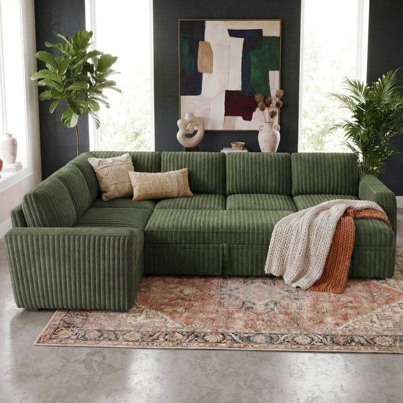 Hoelscher U Shaped Sleeper Corner Sectional Pull Out Sofa Bed With Storage Space, Velours côtelé vert