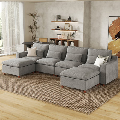 Acker  134'' Modern Chenille U-Shaped French Seam 4 Seats Modular Sectional with 2 Storage Ottomans