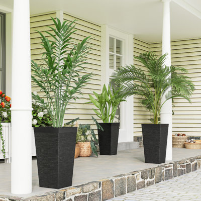 22.8 Inch Set Of 3 Outdoor Planters With Stone Finish And Wheels, Stackable Tapered Planters With Drainage Hole, Black