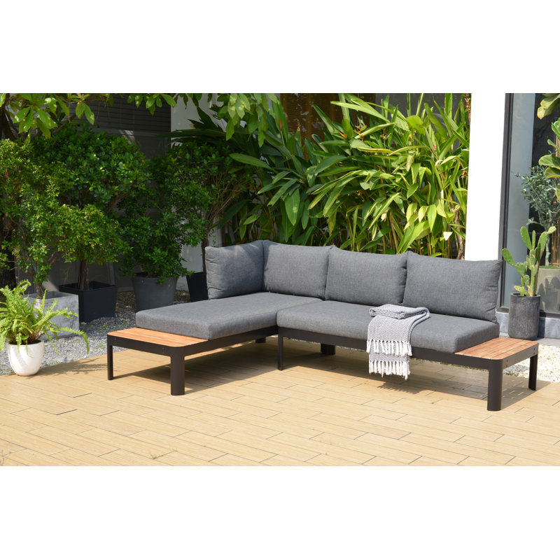 Brix 67.79'' Wide L-Shaped Wood Patio Sectional with Cushions, Gray