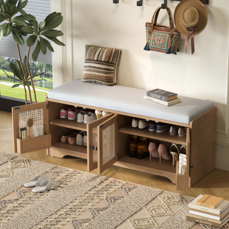 Rustic Storage Bench, Multifunctional Wood Entryway Shoe Bench with Removable Cushion, Woven Rattan Doors & Adjustable Shelves