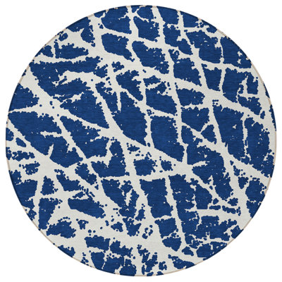 HomeRoots 8' Blue And White Round Abstract Washable Indoor Outdoor Area Rug