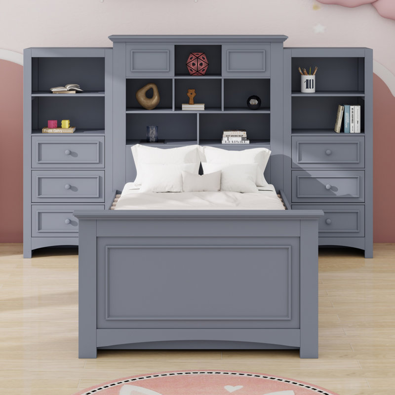 Lit plateforme en bois avec armoire verticale tout-en-un et 4 tiroirs de chaque côté, gris