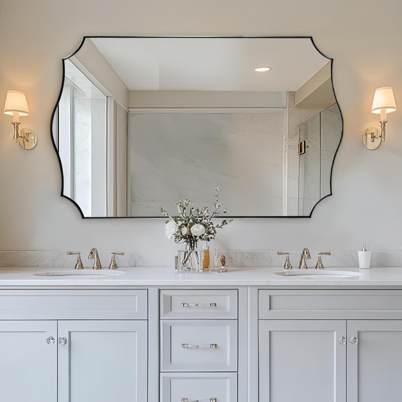Anayalee Traditional Scalloped Rectangle Bathroom Vanity Mirror | Stainless Steel Frame, Polished Chrome, 48" x 30"