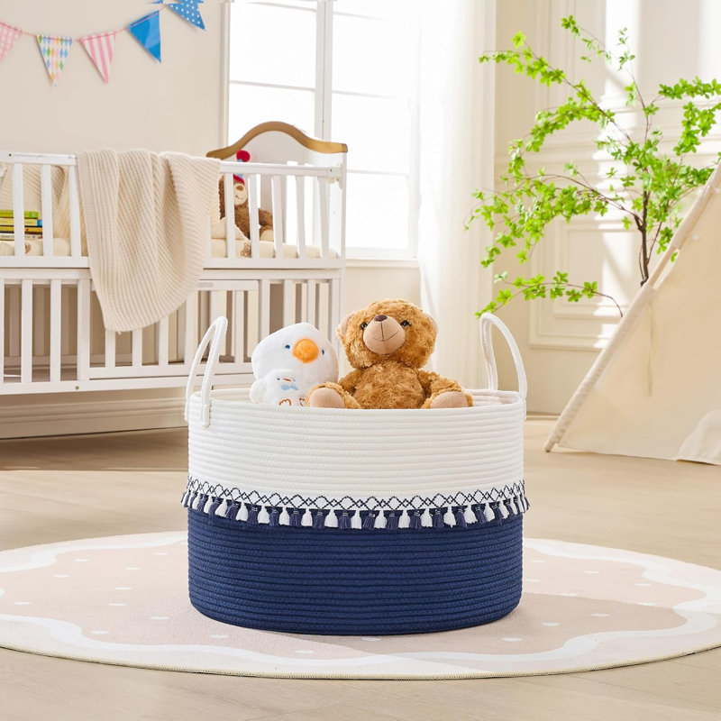 Panier de rangement en corde de coton (20 po x 13 po), panier tissé, utilisé pour les couvertures, les jouets, les oreillers, les vêtements, la lessive, la poignée robuste