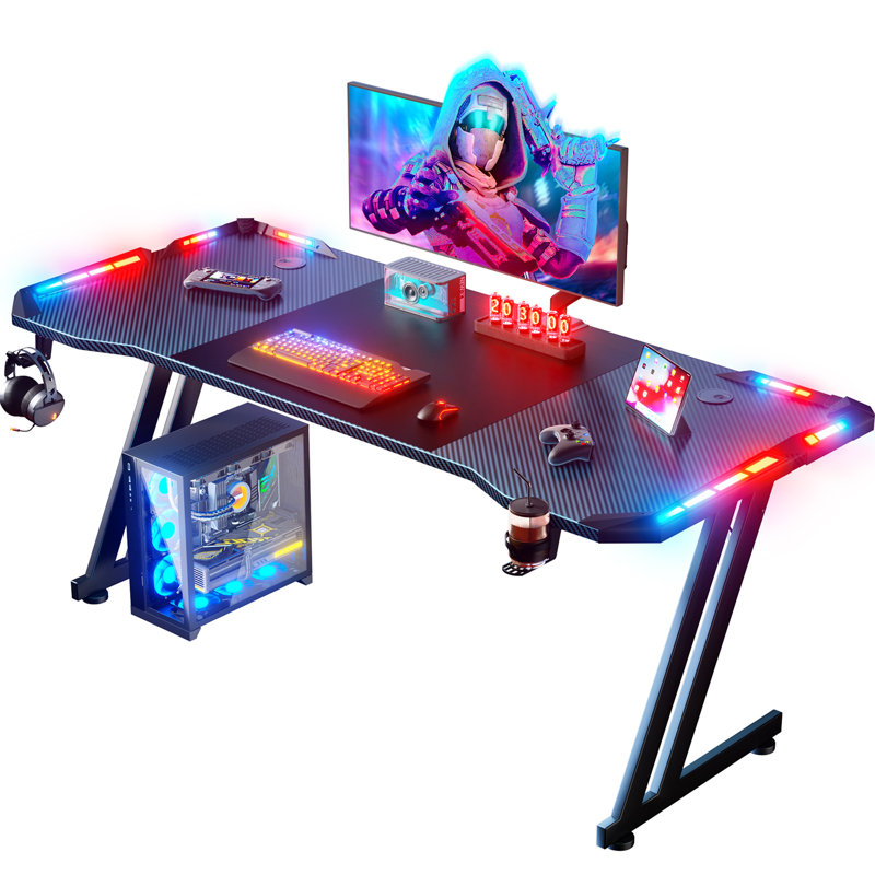 Gaming Desk with LED Lights, Computer Gaming Table, Sturdy PC Desk for Home Office, Gamer Table with Headphone Hook and Cup Holder, Black