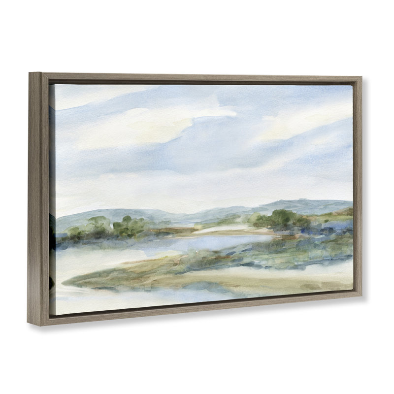 River Bend, paysage abstrait, H 17 po x l 25 po, Cadre flottant orme Montalcino