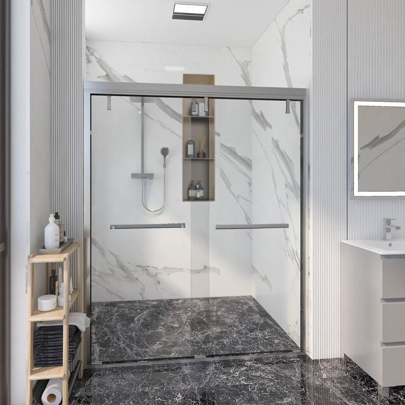 56''-60'' W X 71'' H Double Sliding Semi-Frameless Shower Door With  0.24"(6mm) Tempered Glass，Stainless Steel Accessories