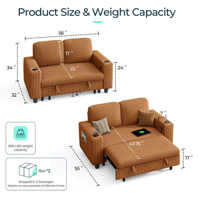  Causeuse-lit escamotable avec chargement USB et porte-gobelets Sherry, H 34 po x l 56 po x P 32 po