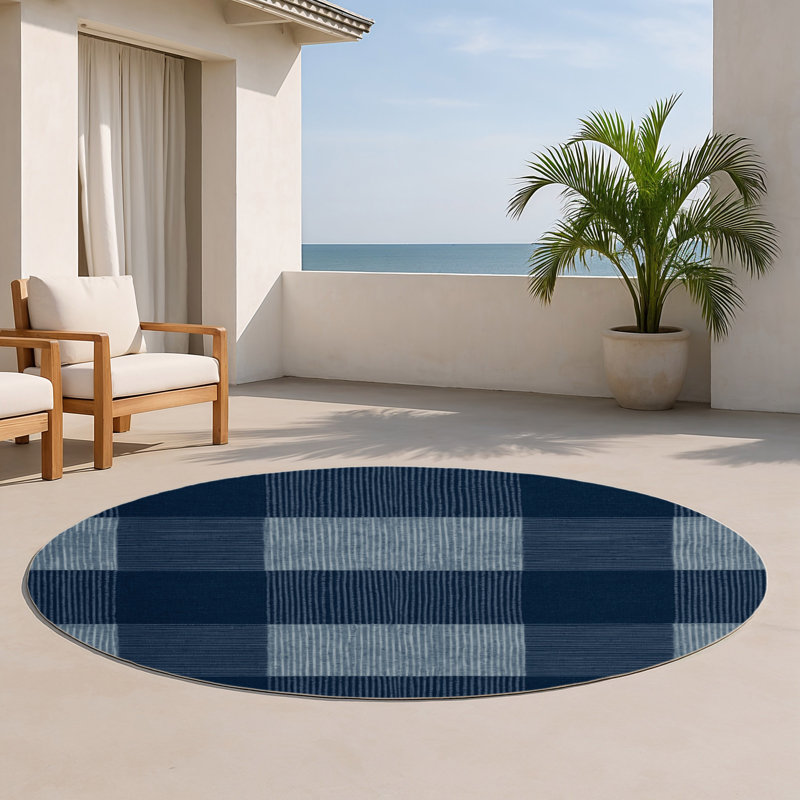 Tapis d'intérieur et d'extérieur à carreaux bleu, Rond 5 pi