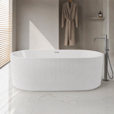 59" Linear Rectangular Pedestal Gloss White Freestanding Soaker Tub, Ergonomic Double-Wall UV5 Anti-Yellowing 8-Layer Acrylic Bathtub, Complete Chrome Pop-Up Drain & Overflow, cUPC Certified for Compact Modern Bathrooms