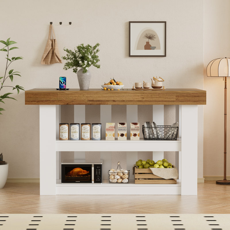 55" Kitchen Island With Power Outlets, Extra Large Work Surface, 3-tier Farmhouse Wooden Stationary Island Table With Storage Shelf For Kitchen Dining Room