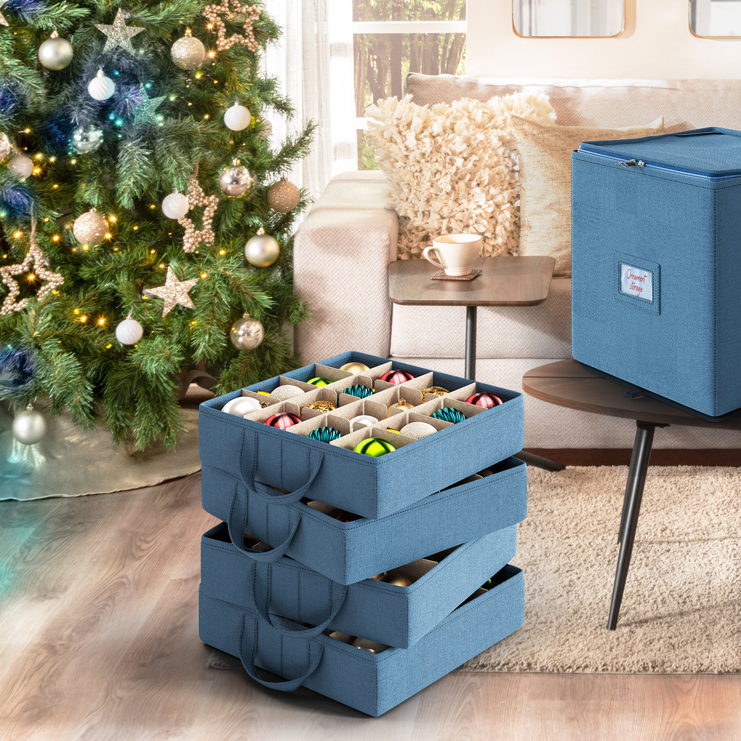 Fabric Ornament Storage Box with Adjustable Dividers, 13" H x 13" W x 13" D