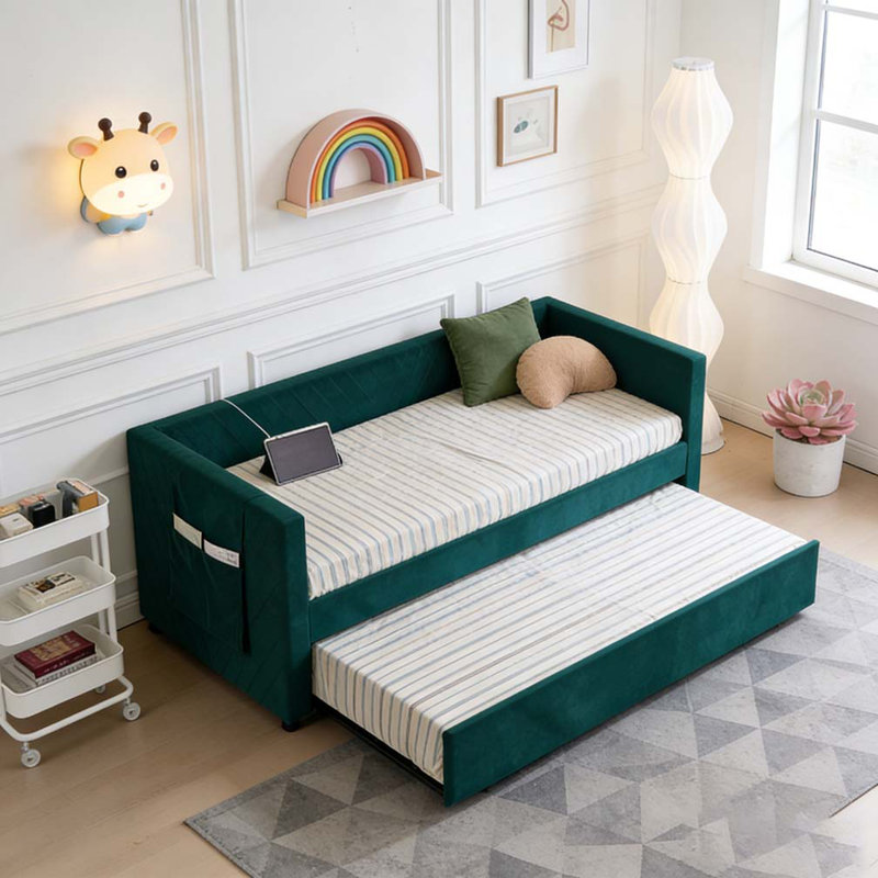 modern velvet daybed, sturdy wooden bed frame, Emerald