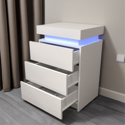 LED White Nightstand With 3 Drawers