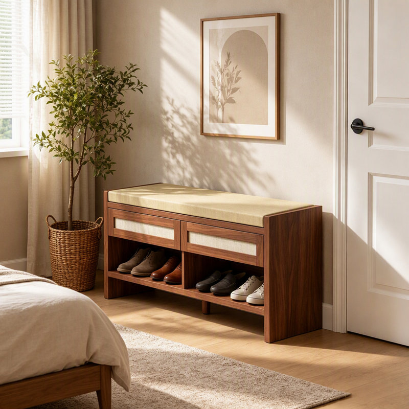 Banc à chaussures brun avec siège rembourré, tiroirs en rotin et rangement ouvert