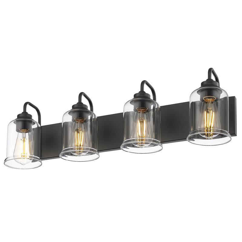 Éclairage de salle de bain 4 lumières à intensité variable noir avec abat-jour en verre transparent, Noir mat