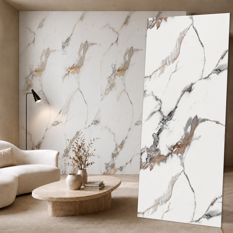 Panneau mural Falkirk Irvine III 4 pi x 9 pi UV Marble, Blanc, veines noires et dorées