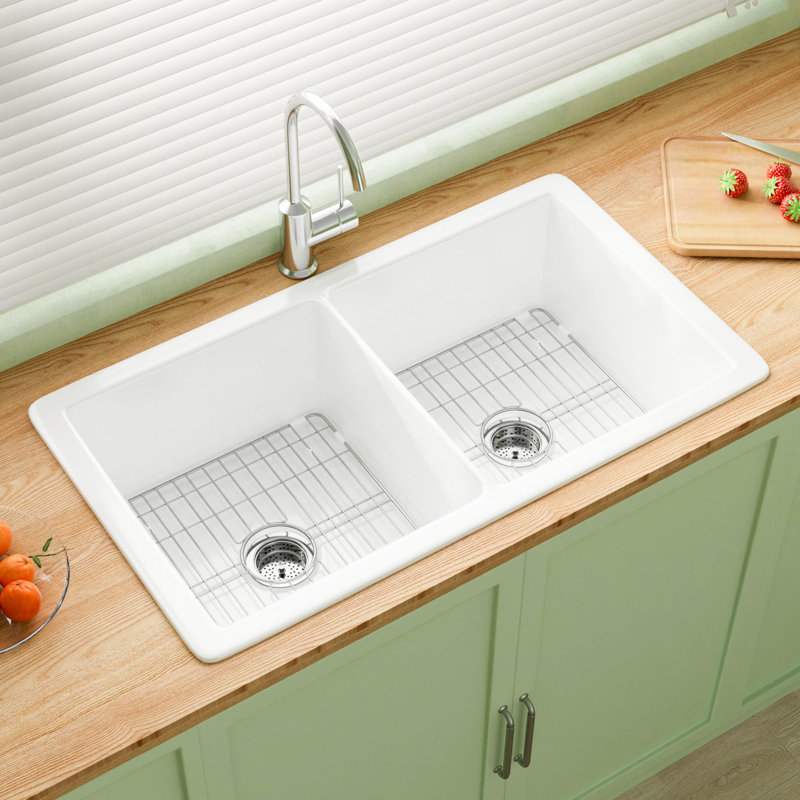 Évier de cuisine double encastré en argile réfractaire de 32 po x l 19 po, montage double encastré blanc, 4 accessoires personnalisés inclus