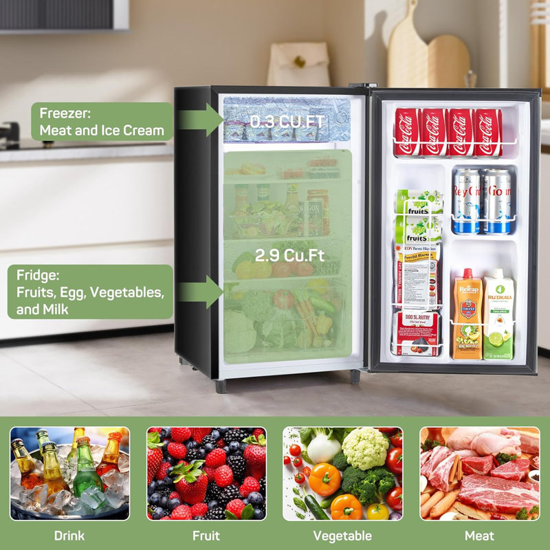 Upgraded Mini Fridge For Bedroom 3.2 Cu.Ft Small Refrigerator With Freezer For Dorm Office, Compact Single Door Adjustable Thermostat Low Noise, 17.5" D X 17.7" W X 31.5" H, Black
