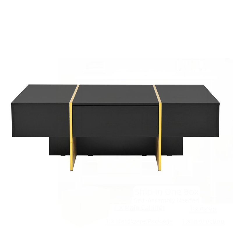 Table basse très brillante avec 2 tiroirs, table de rangement rectangulaire avec pieds en grain de bois doré, Noir/naturel