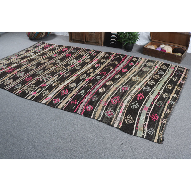 Large Handwoven Black Turkish Kilim Rug Perfect for Adding Vintage Charm to a Living Room