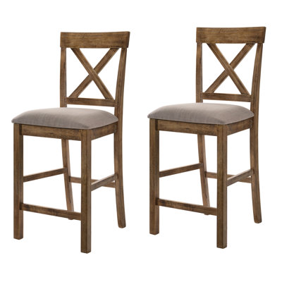 2 Counter Height Tan Stools - Linen Upholstery, Cross Back, Wood Frame Fashionable With Back Design And Colour Of