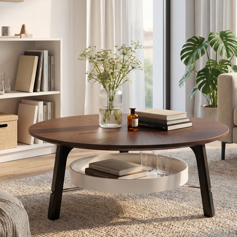 Table basse ronde avec tablette de rangement, pieds, table de centre minimaliste moderne pour le salon, meubles d'appoint de style campagnard pour petits espaces, assemblage facile