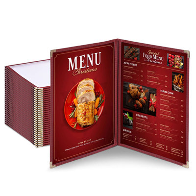 WeChef 30 Pack Restaurant Menu Covers 8.5 x 11 Double Fold 2 Pages 4 Views Transparent Restaurant Menu Covers Holder Burgundy