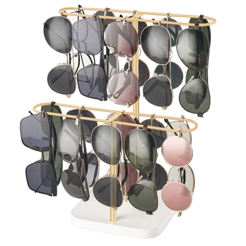 Présentoir à lunettes de soleil à 2 niveaux, pouvant contenir 24 paires de lunettes, avec structure en métal et base en bois, couleur or.