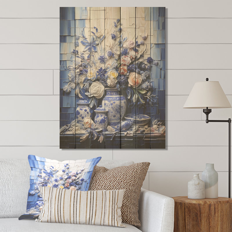 Fleur de bohème bleue et blanche III - poterie bohème sur bois, H 32 po x l 24 po