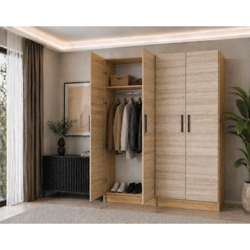 Nitra 4 Door Solid + Manufactured Wood Wardrobe, Oak Craft Gold/Sonoma