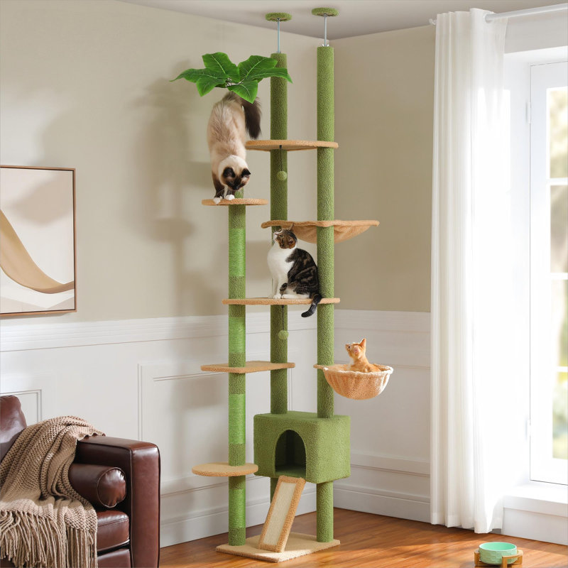 Grand arbre à chat, hauteur réglable, avec appartement pour chat, hamac pour chat et poteau à griffer, Vert