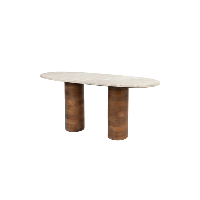 Cream Oval Marble Coffee Table with Acacia Wood Legs
